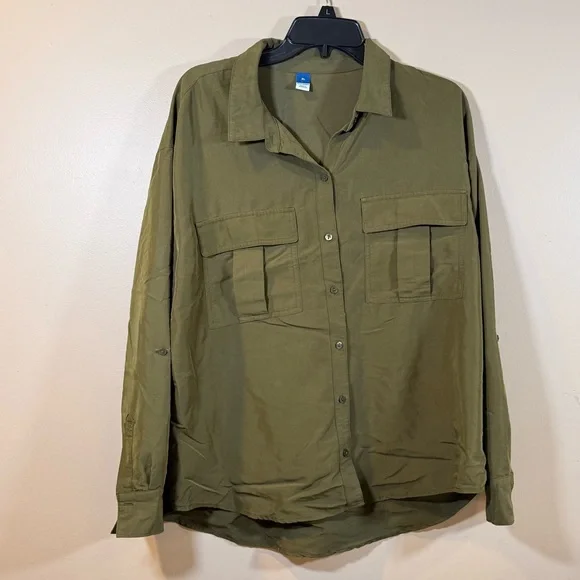 Old Navy Boyfriend Utility Safari Button Up Top Oversized Casual Long Sleeve EUC - Picture 2 of 9
